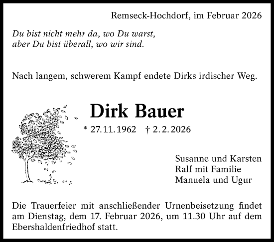 Traueranzeige von Dirk Bauer von Eßlinger Zeitung