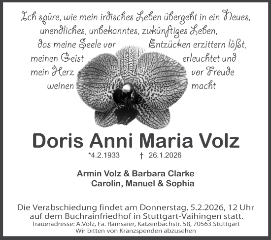 Traueranzeige von Doris Anni Maria Volz von Stuttgarter Zeitung / Stuttgarter Nachrichten