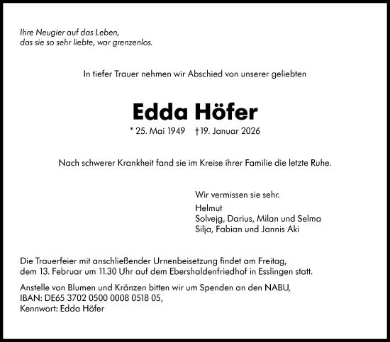 Traueranzeige von Edda Höfer von Eßlinger Zeitung