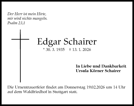 Traueranzeige von Edgar Schairer von Stuttgarter Zeitung / Stuttgarter Nachrichten