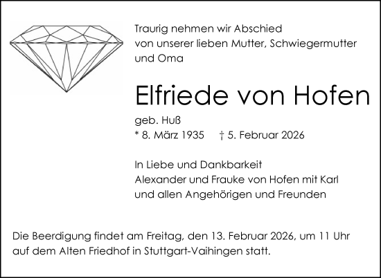 Traueranzeige von Elfriede von Hofen von Stuttgarter Zeitung / Stuttgarter Nachrichten