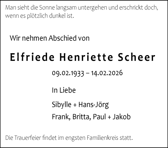 Traueranzeige von Elfriede Henriette Scheer von Stuttgarter Zeitung / Stuttgarter Nachrichten