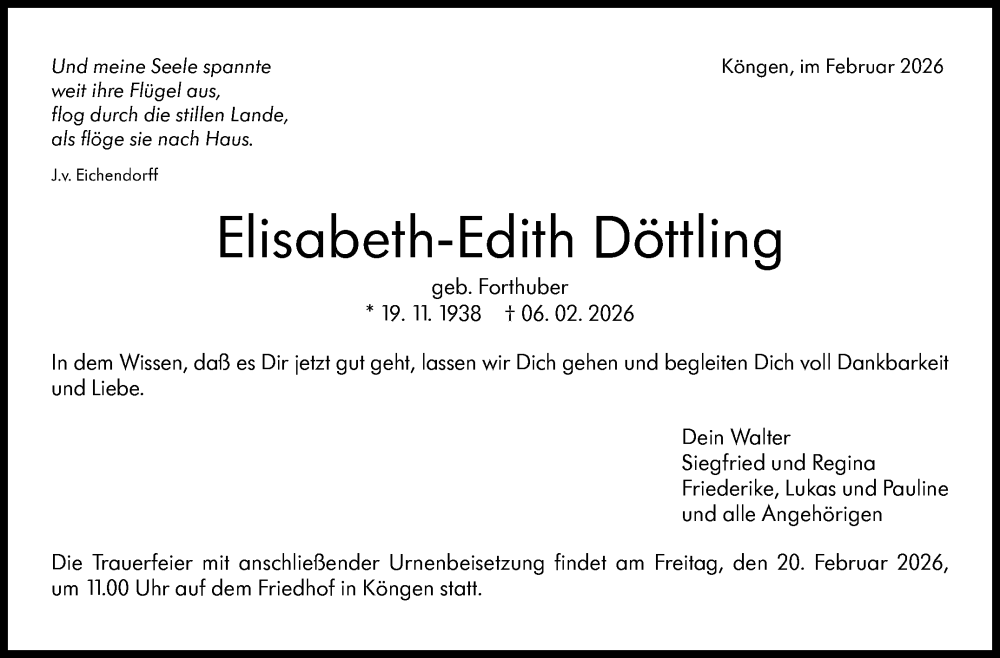  Traueranzeige für Elisabeth-Edith Döttling vom 16.02.2026 aus Eßlinger Zeitung