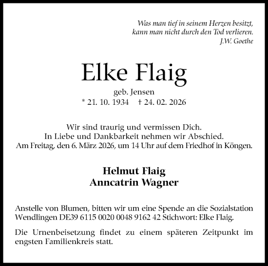 Traueranzeige von Elke Flaig von Eßlinger Zeitung