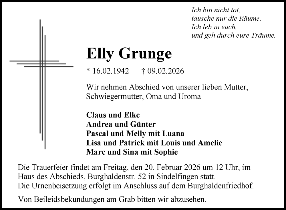  Traueranzeige für Elly Grunge vom 17.02.2026 aus Kreiszeitung Böblinger Bote