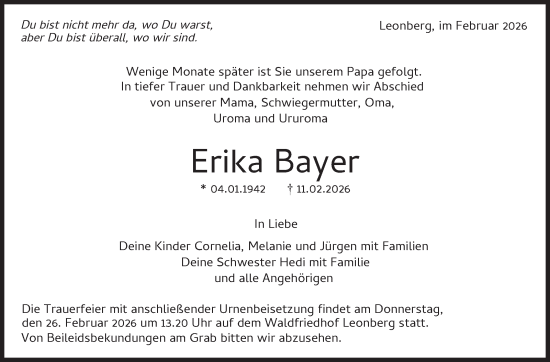 Traueranzeige von Erika Bayer von Leonberger Kreiszeitung / Strohgäu Extra