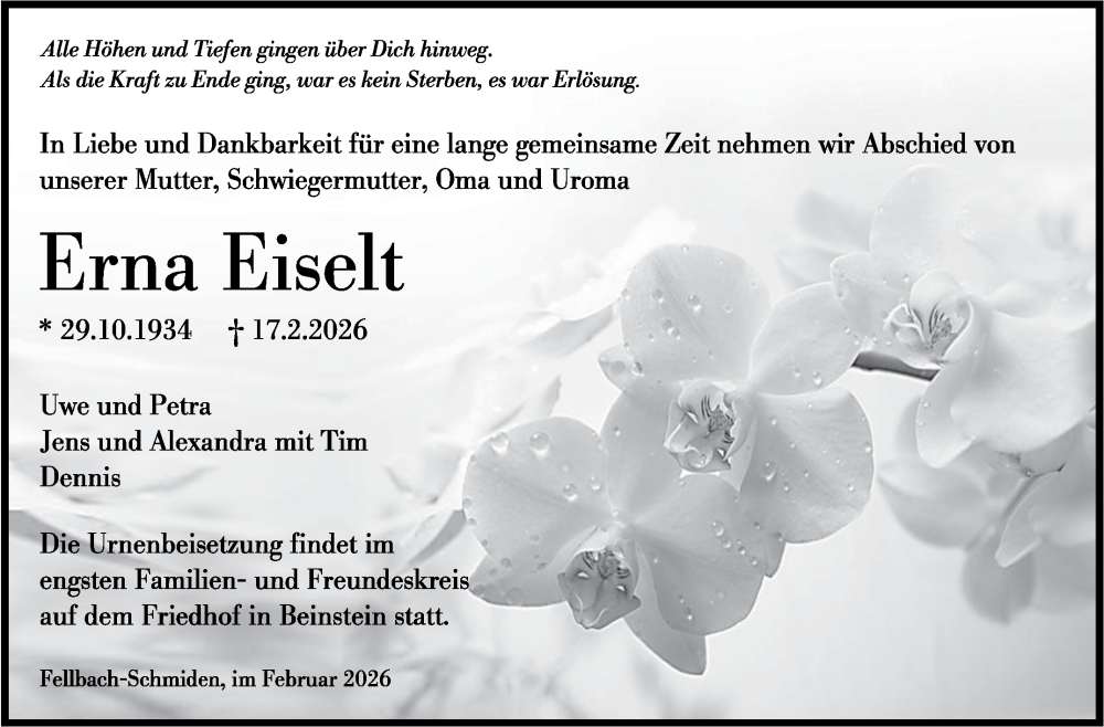  Traueranzeige für Erna Eiselt vom 25.02.2026 aus Stuttgarter Zeitung / Stuttgarter Nachrichten
