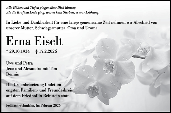 Traueranzeige von Erna Eiselt von Stuttgarter Zeitung / Stuttgarter Nachrichten