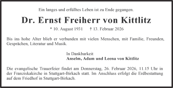 Traueranzeige von Ernst Freiherr von Kittlitz von Stuttgarter Zeitung / Stuttgarter Nachrichten