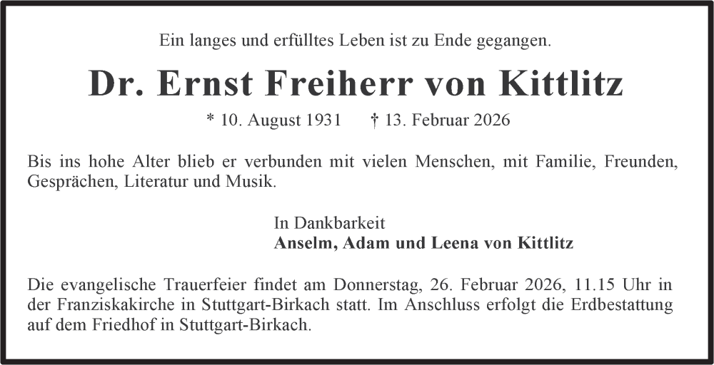  Traueranzeige für Ernst Freiherr von Kittlitz vom 21.02.2026 aus Stuttgarter Zeitung / Stuttgarter Nachrichten