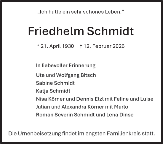 Traueranzeige von Friedhelm Schmidt von Stuttgarter Zeitung / Stuttgarter Nachrichten