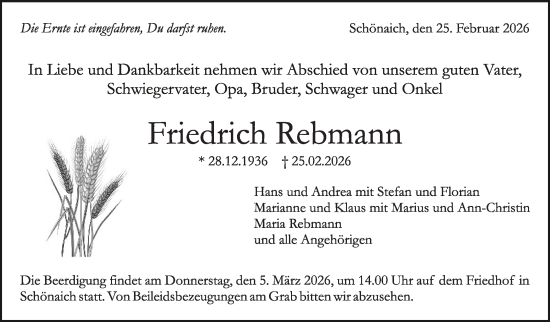 Traueranzeige von Friedrich Rebmann von Kreiszeitung Böblinger Bote