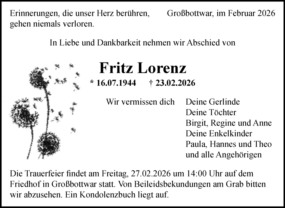  Traueranzeige für Fritz Lorenz vom 26.02.2026 aus Marbacher Zeitung