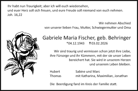 Traueranzeige von Gabriele Maria Fischer von Marbacher Zeitung