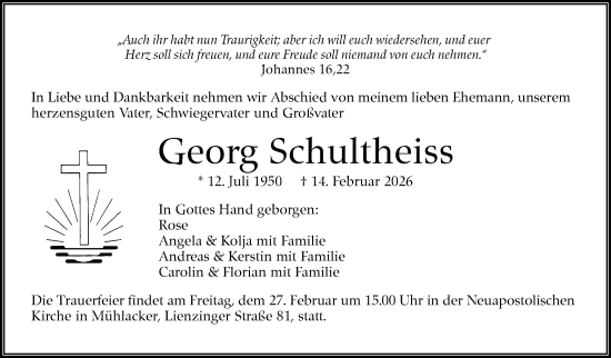 Traueranzeige von Georg Schultheiss von Leonberger Kreiszeitung / Strohgäu Extra