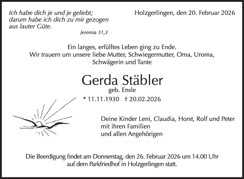  Traueranzeige für Gerda Stäbler vom 25.02.2026 aus Kreiszeitung Böblinger Bote