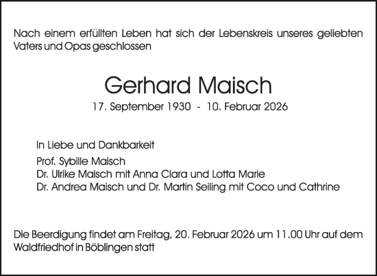 Traueranzeige von Gerhard Maisch von Kreiszeitung Böblinger Bote