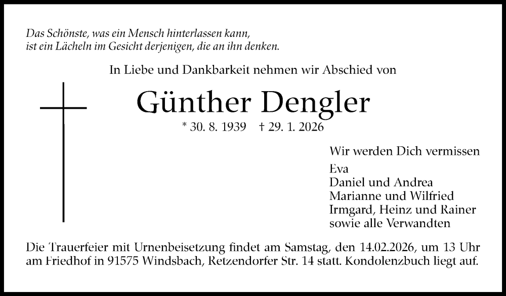  Traueranzeige für Günther Dengler vom 07.02.2026 aus Stuttgarter Zeitung / Stuttgarter Nachrichten