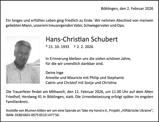 Traueranzeige von Hans-Christian Schubert von Kreiszeitung Böblinger Bote