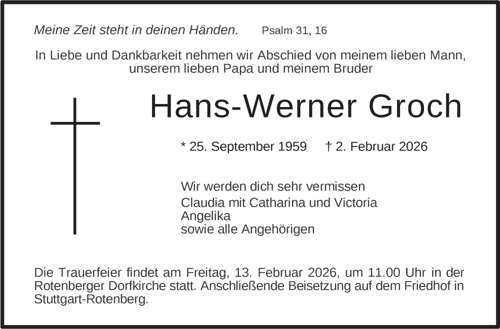  Traueranzeige für Hans-Werner Groch vom 07.02.2026 aus Stuttgarter Zeitung / Stuttgarter Nachrichten