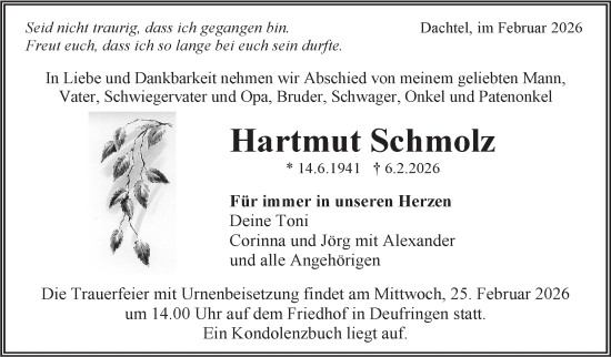 Traueranzeige von Hartmut Schmolz von Kreiszeitung Böblinger Bote