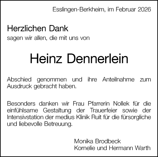 Traueranzeige von Heinz Dennerlein von Eßlinger Zeitung
