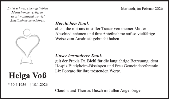 Traueranzeige von Helga Voß von Marbacher Zeitung