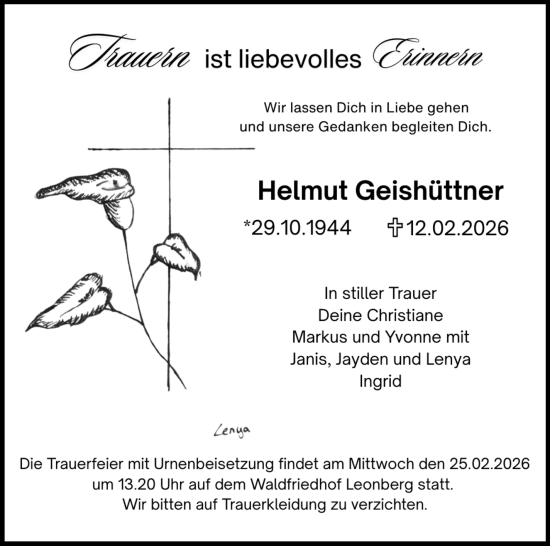 Traueranzeige von Helmut Geishüttner von Leonberger Kreiszeitung / Strohgäu Extra