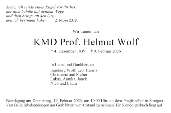 Traueranzeige von Helmut Wolf von Stuttgarter Zeitung / Stuttgarter Nachrichten