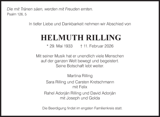 Traueranzeige von Helmuth Rilling von Stuttgarter Zeitung / Stuttgarter Nachrichten