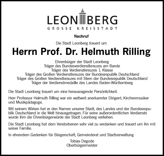 Traueranzeige von Helmuth Rilling von Leonberger Kreiszeitung / Strohgäu Extra