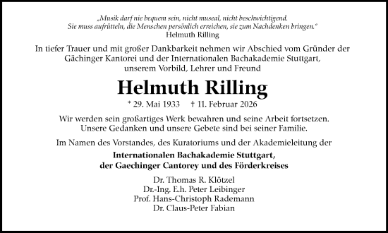 Traueranzeige von Helmuth Rilling von Stuttgarter Zeitung / Stuttgarter Nachrichten