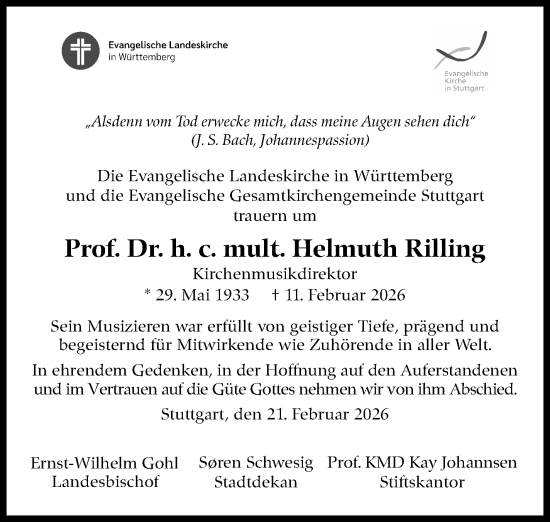 Traueranzeige von Helmuth Rilling von Stuttgarter Zeitung / Stuttgarter Nachrichten