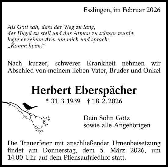 Traueranzeige von Herbert Eberspächer von Eßlinger Zeitung