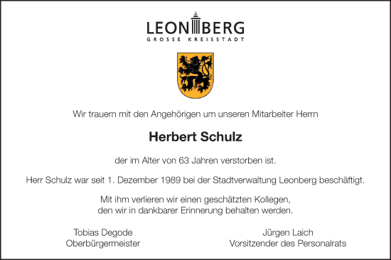 Traueranzeige von Herbert Schulz von Leonberger Kreiszeitung / Strohgäu Extra