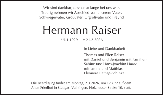 Traueranzeige von Hermann Raiser von Stuttgarter Zeitung / Stuttgarter Nachrichten