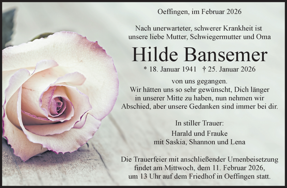  Traueranzeige für Hilde Bansemer vom 06.02.2026 aus Stuttgarter Zeitung / Stuttgarter Nachrichten