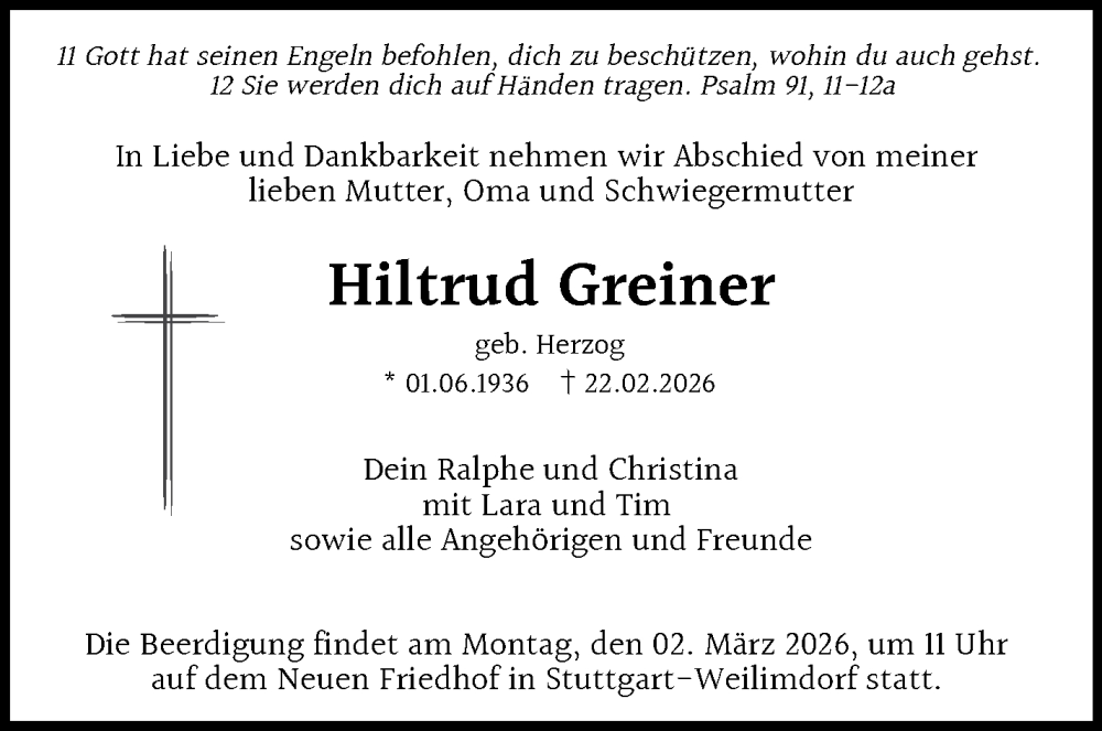  Traueranzeige für Hiltrud Greiner vom 26.02.2026 aus Stuttgarter Zeitung / Stuttgarter Nachrichten