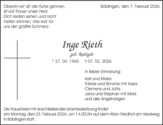 Traueranzeige von Inge Rieth von Kreiszeitung Böblinger Bote