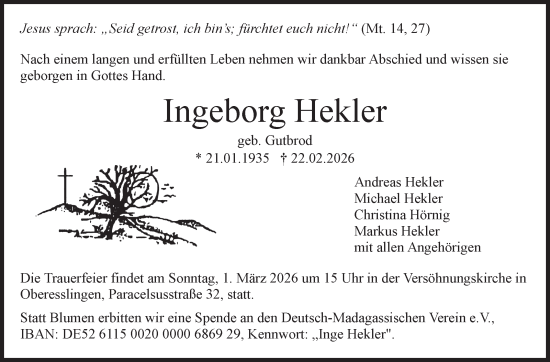 Traueranzeige von Ingeborg Hekler von Stuttgarter Zeitung / Stuttgarter Nachrichten