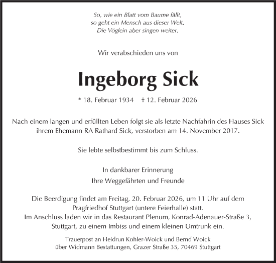 Traueranzeige von Ingeborg Sick von Stuttgarter Zeitung / Stuttgarter Nachrichten