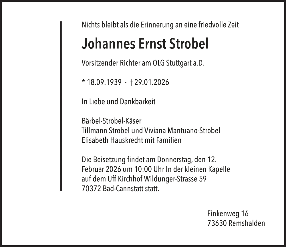  Traueranzeige für Johannes Ernst Strobel vom 07.02.2026 aus Stuttgarter Zeitung / Stuttgarter Nachrichten