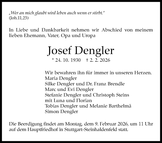 Traueranzeige von Josef Dengler von Stuttgarter Zeitung / Stuttgarter Nachrichten