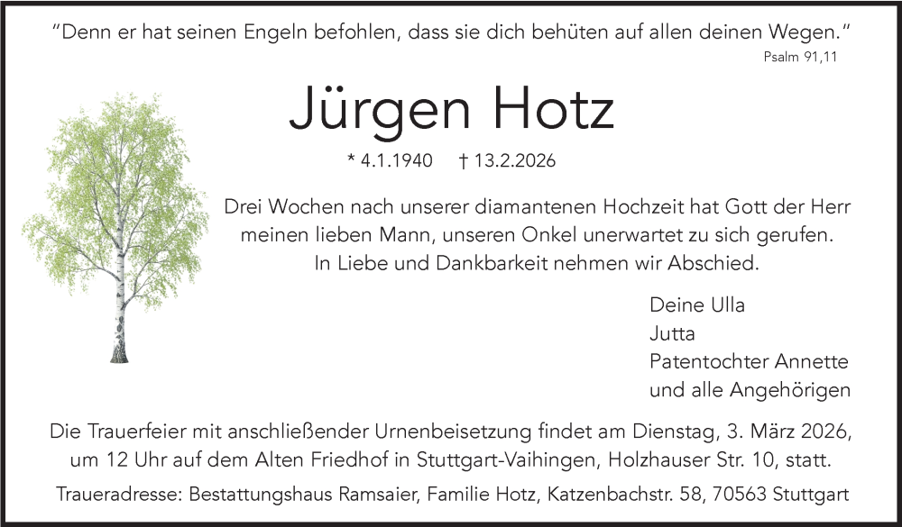  Traueranzeige für Jürgen Hotz vom 21.02.2026 aus Stuttgarter Zeitung / Stuttgarter Nachrichten