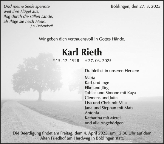 Traueranzeige von Karl Rieth von Kreiszeitung Böblinger Bote