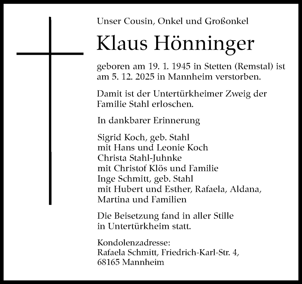  Traueranzeige für Klaus Hönninger vom 07.02.2026 aus Stuttgarter Zeitung / Stuttgarter Nachrichten