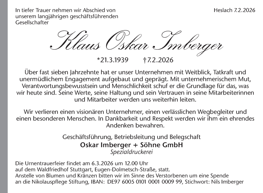  Traueranzeige für Klaus Oskar Imberger vom 14.02.2026 aus Stuttgarter Zeitung / Stuttgarter Nachrichten