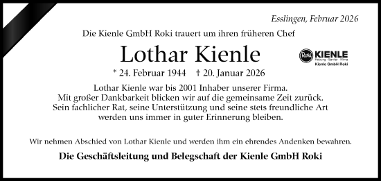 Traueranzeige von Lothar Kienle von Eßlinger Zeitung