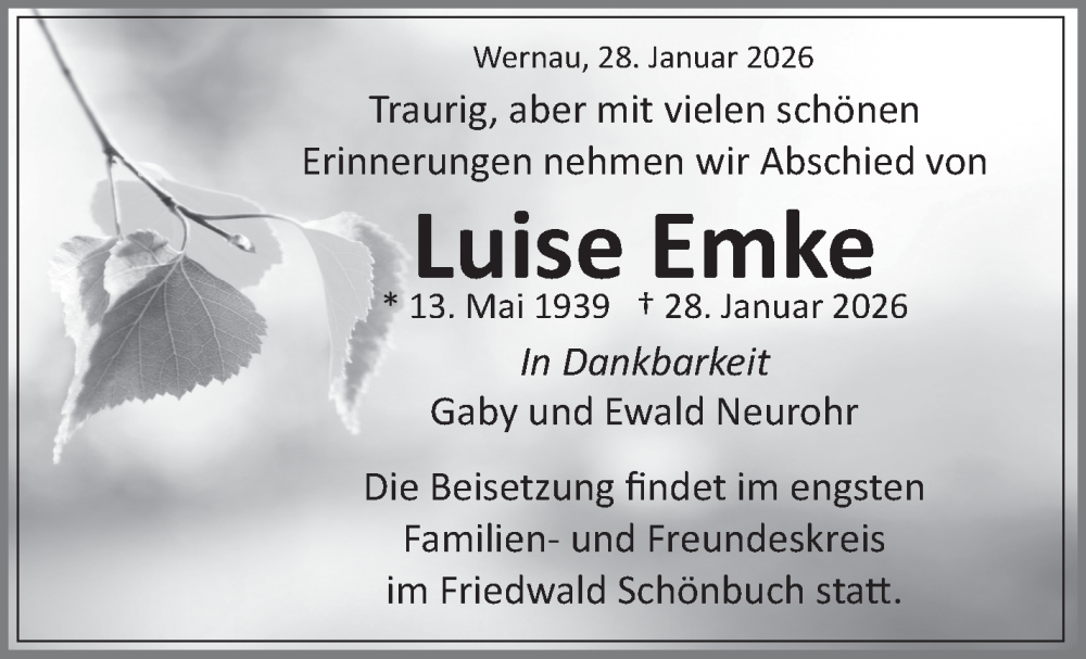  Traueranzeige für Luise Emke vom 07.02.2026 aus Eßlinger Zeitung