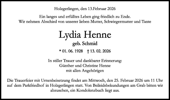 Traueranzeige von Lydia Henne von Kreiszeitung Böblinger Bote